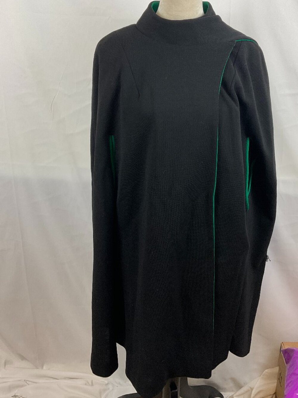 Alfred Werber Vintage 1960s Cape Poncho Black Green Trim Attached Scarf Lined